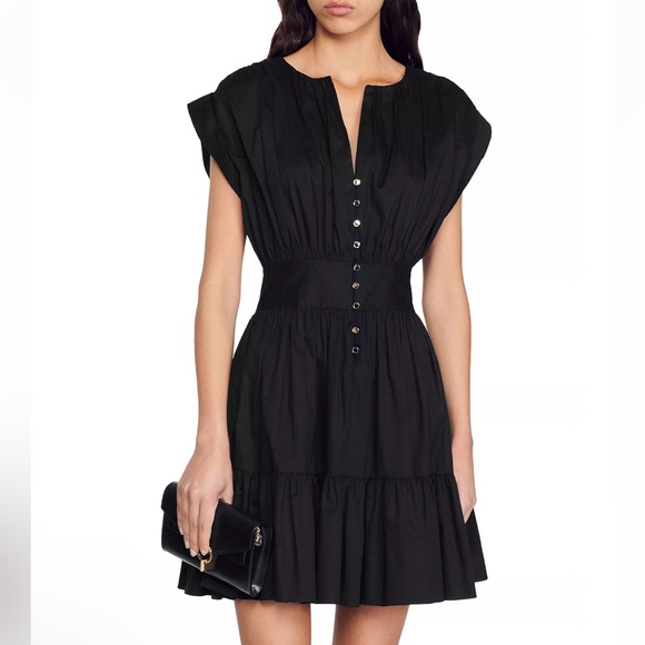 Sandro Dresses & Skirts - NWT Sandro Amethyste Cotton Ruched Black Button Up Cap Sleeve Mini Dress 34/XS